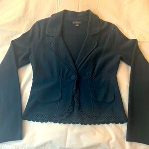 Women’s Wool Teal Cardigan/Blazer with scalloped trim, Small